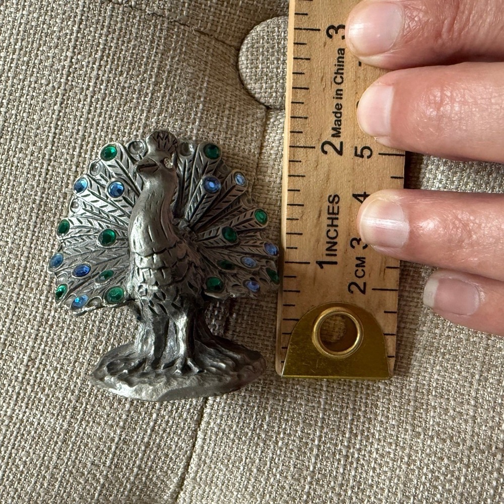 Vintage Pewter Peacock Figurine Miniature Blue Green Rhinestone Jewel Tail - Picture 12 of 13